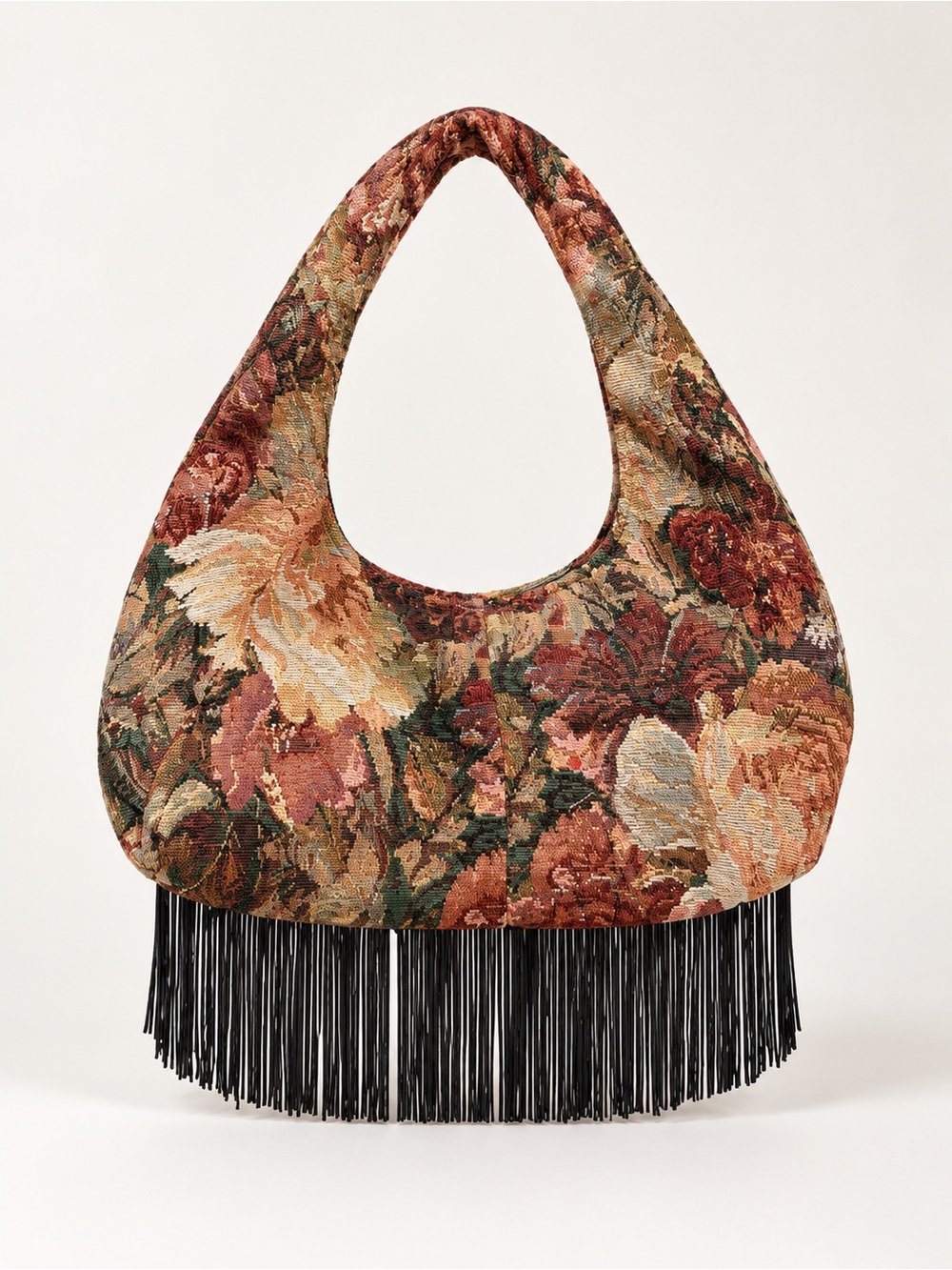 Floral Tapestry Fringe Shoulder Bag - Brown Multicolor